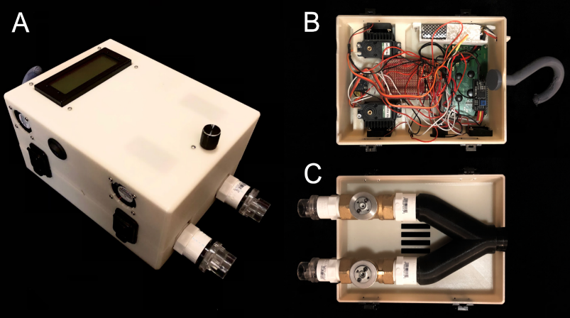 A: Isometric view of final device prototype with 3D printed housing, and user interface components shown. B: Internal top view showing electrical components including micro-controller, servo motors, and battery back-up. C: Internal Bottom view showing ventilation circuit splitter including unidirectional valves and ball valves.
